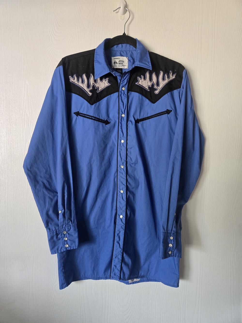 Blue Western-Style Snap Shirt Jacket with Flame Yoke